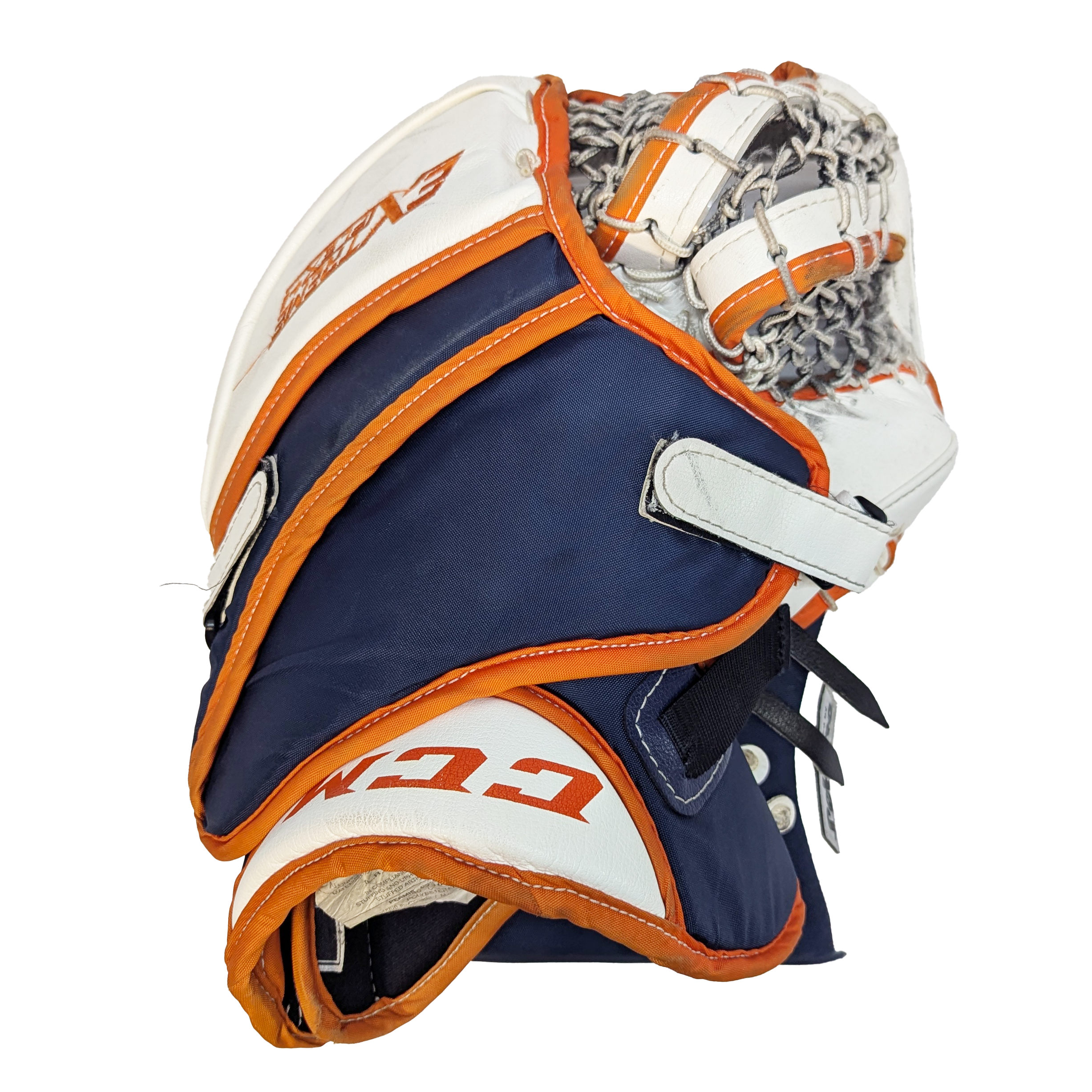 CCM Extreme Flex 4 - Gant de gardien de but Pro Stock d'occasion (blanc/orange/bleu marine)